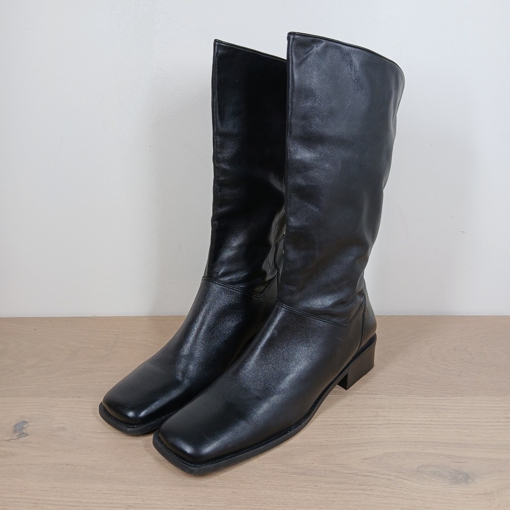 Naturalizer Tall Boots Women 10M Black Leather Square Toe Low Block Heel Pull On